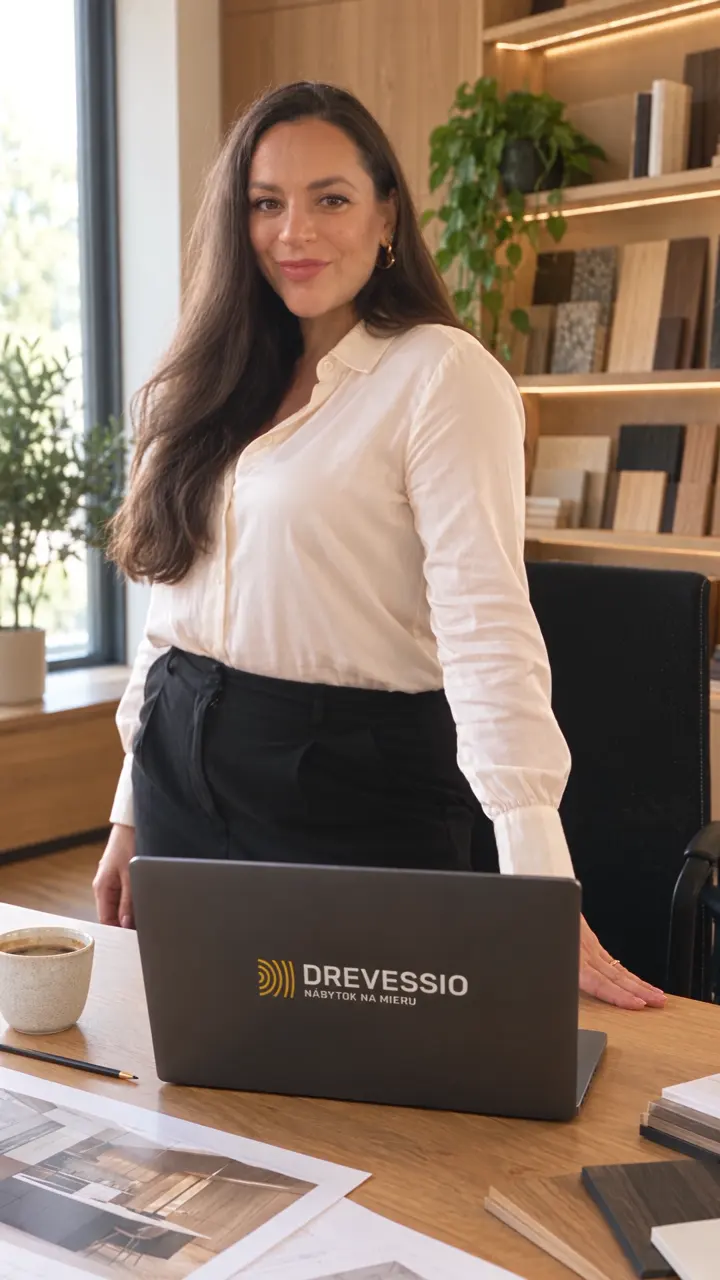Erika Ševčíková z Drevessia pri stole s návrhmi a vzorkami dekórov